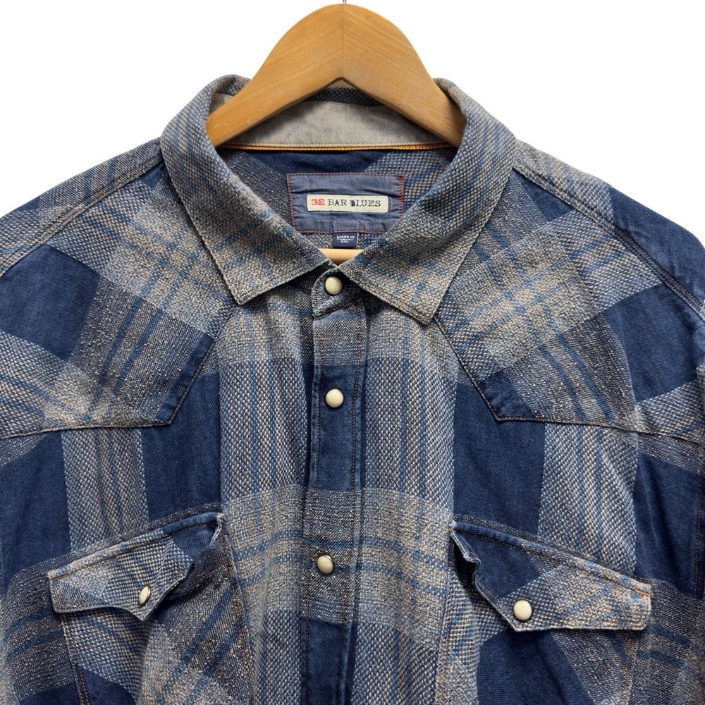 32 Bar Blues Mens Sz XXL Gray Plaid Western Pearl Snap Lightweight Flannel Shirt